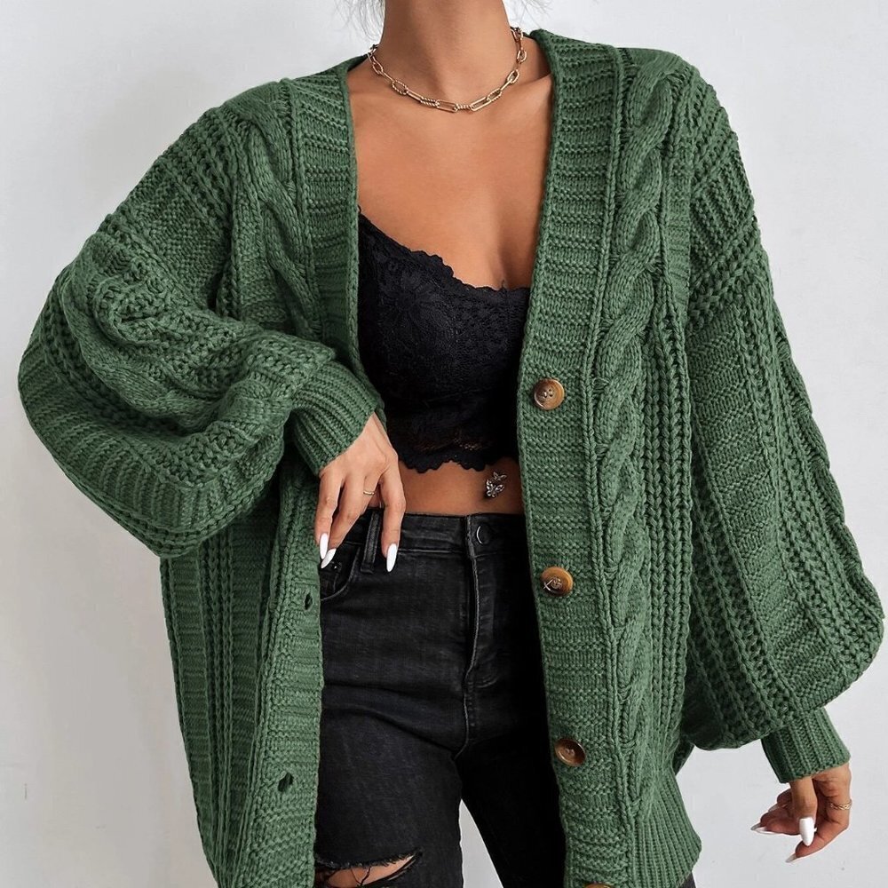 Green Casual Womens Solid Button Front Cable Knit Cardigan